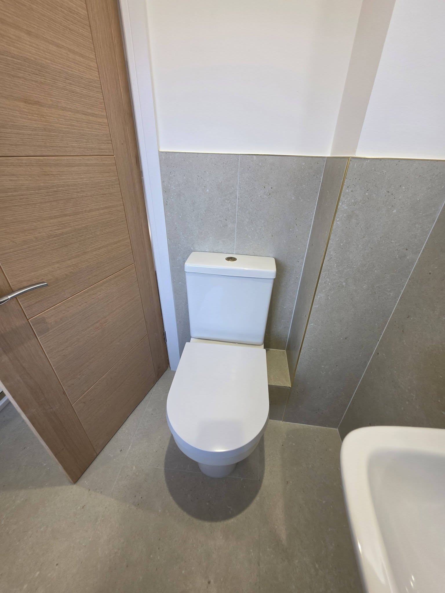 Close-coupled WC with grey large-format tiling and oak internal door